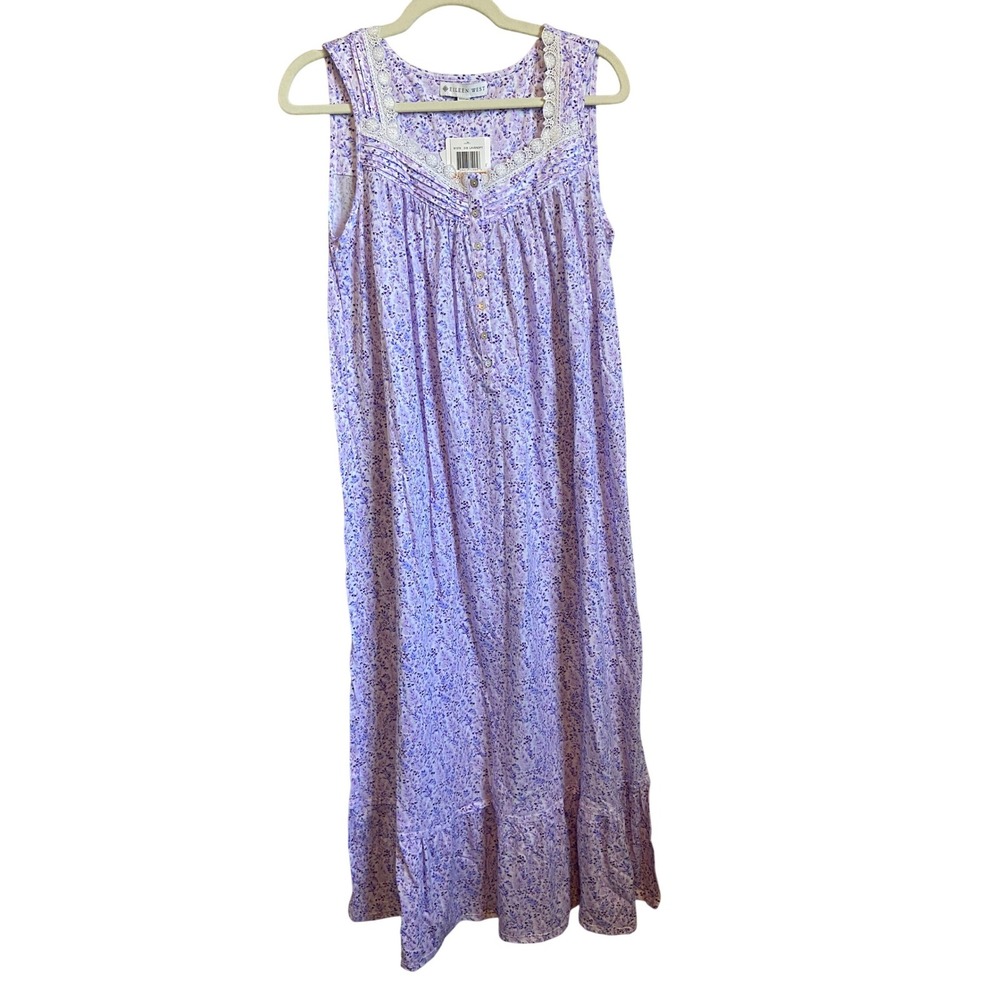 Eileen West Lavender Floral Cotton Modal Nightgown Lace Trim Small NEW‎